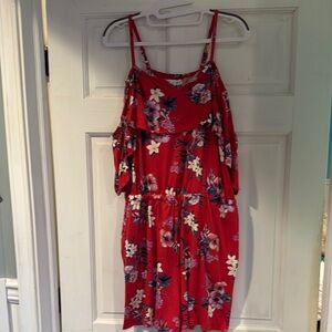 Floral Red Romper with cold shoulder